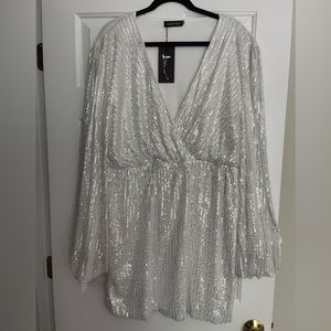 NWT White Silver Sequined Dress With Balloon Sleeves